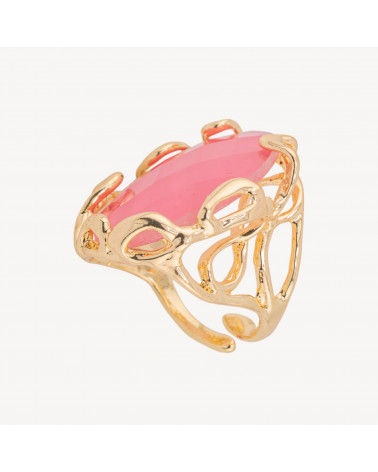 Anello Regolabile in Bronzo Dorato Collezione AURORA-1 con Cabochon di Cristallo Rosa | Gioiello Artigianale Donna 22x33mm-ANELLI BIJOUX DONNA AURORA BEST SELLER | Worldofjewel.com