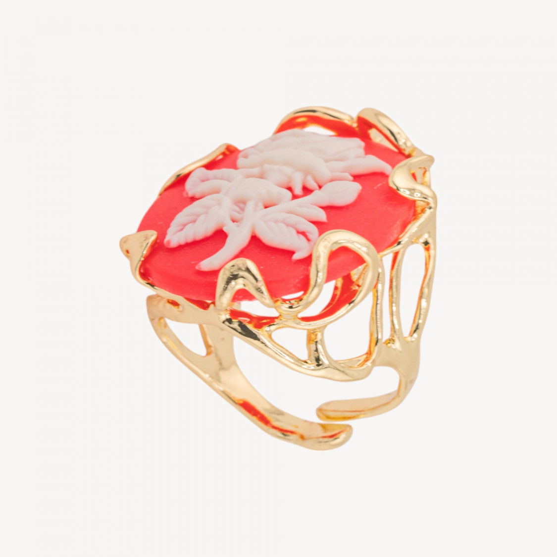 Anello Regolabile in Bronzo Dorato Collezione AURORA-1 con Cammeo in Resina con Fiore | Gioiello Artigianale Donna 24x32mm-ANELLI BIJOUX DONNA AURORA BEST SELLER | Worldofjewel.com