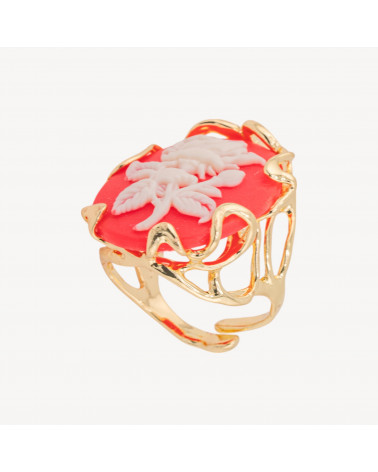 Anello Regolabile in Bronzo Dorato Collezione AURORA-1 con Cammeo in Resina con Fiore | Gioiello Artigianale Donna 24x32mm-ANELLI BIJOUX DONNA AURORA BEST SELLER | Worldofjewel.com