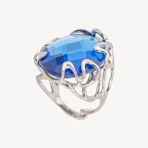Anillo ajustable de bronce rodiado de la colección Aurora-1 con cabujón de cristal azul | Joyería artesanal para mujer de 22 x 3