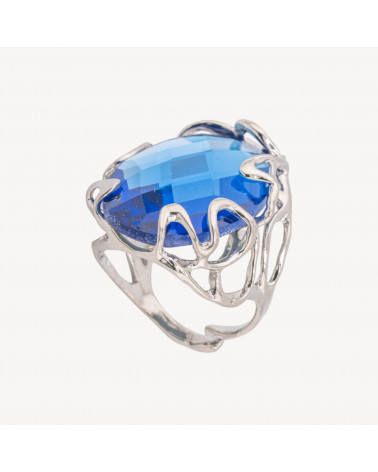 Anello Regolabile in Bronzo Rodiato Collezione AURORA-1 con Cabochon di Cristallo Blu | Gioiello Artigianale Donna 22x33mm-ANELLI BIJOUX DONNA AURORA BEST SELLER | Worldofjewel.com