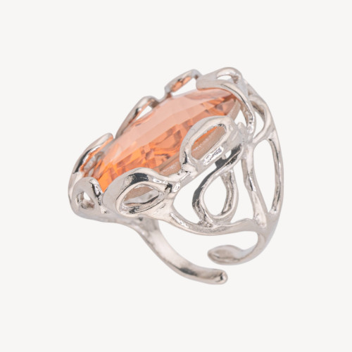 Adjustable Rhodium-Plated Bronze Ring from the Aurora-1 Collection with Peach Crystal Cabochon | 22x33mm Handcrafted Women's Jew