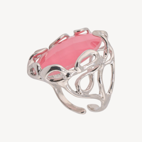 Verstellbarer, rhodiniert Bronzering aus der Aurora-1 Kollektion mit rosa Kristall-Cabochon | 22 x 33 mm, handgefertigter Damens