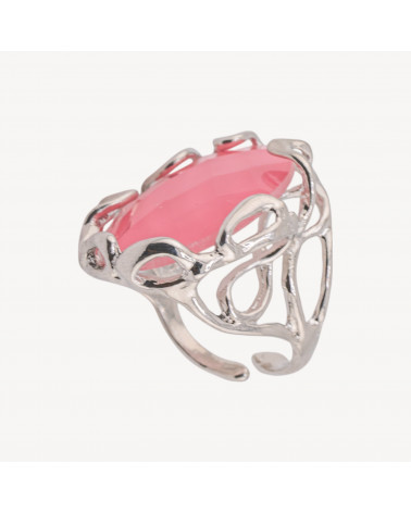 Anello Regolabile in Bronzo Rodiato Collezione AURORA-1 con Cabochon di Cristallo Rosa | Gioiello Artigianale Donna 22x33mm-ANELLI BIJOUX DONNA AURORA BEST SELLER | Worldofjewel.com