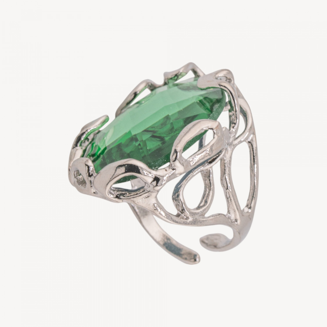 Anello Regolabile in Bronzo Rodiato Collezione AURORA-1 con Cabochon di Cristallo Verde | Gioiello Artigianale Donna 22x33mm-ANELLI BIJOUX DONNA AURORA BEST SELLER | Worldofjewel.com