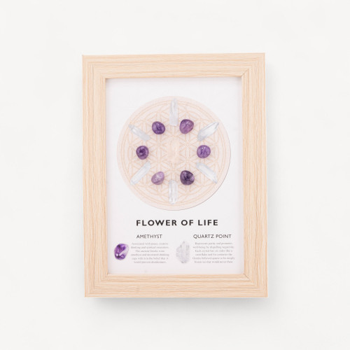 Rahmenornament „Blume des Lebens“ mit Amethyst- und Quarz-Edelsteinen