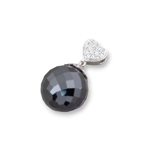 Colgante de Plata 925 Corazón con Circonitas y Esfera Facetada Morada 14x26mm