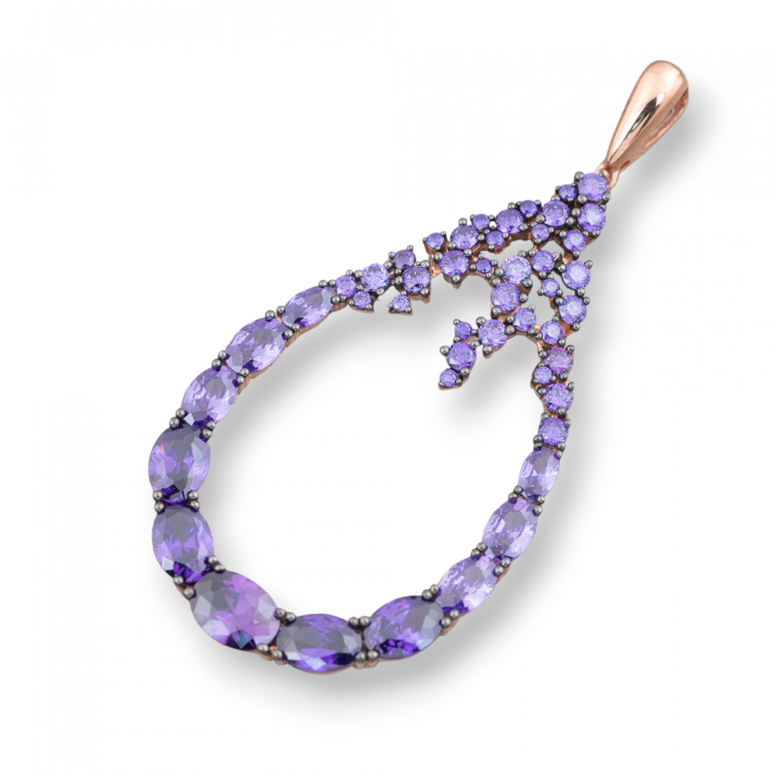 Ciondolo Pendente Gioiello in Argento 925 Placcato Oro Rosa Con Zirconi E Topazi Viola 30x65mm Goccia-ARGENTO 925 DESIGN ITALY | Worldofjewel.com