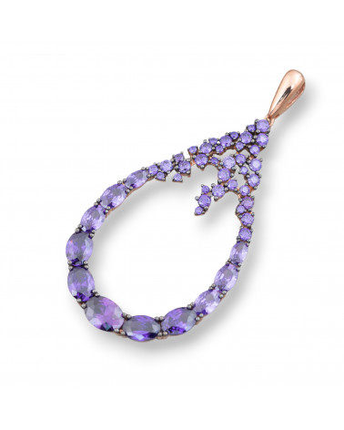 Ciondolo Pendente Gioiello in Argento 925 Placcato Oro Rosa Con Zirconi E Topazi Viola 30x65mm Goccia-ARGENTO 925 DESIGN ITALY | Worldofjewel.com