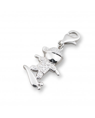 Ciondolo Pendente Charms Di Argento 925 Con Moschettone Bimbo E Skateboard Con Zirconi 15x34mm-ARGENTO 925 DESIGN ITALY | Worldofjewel.com