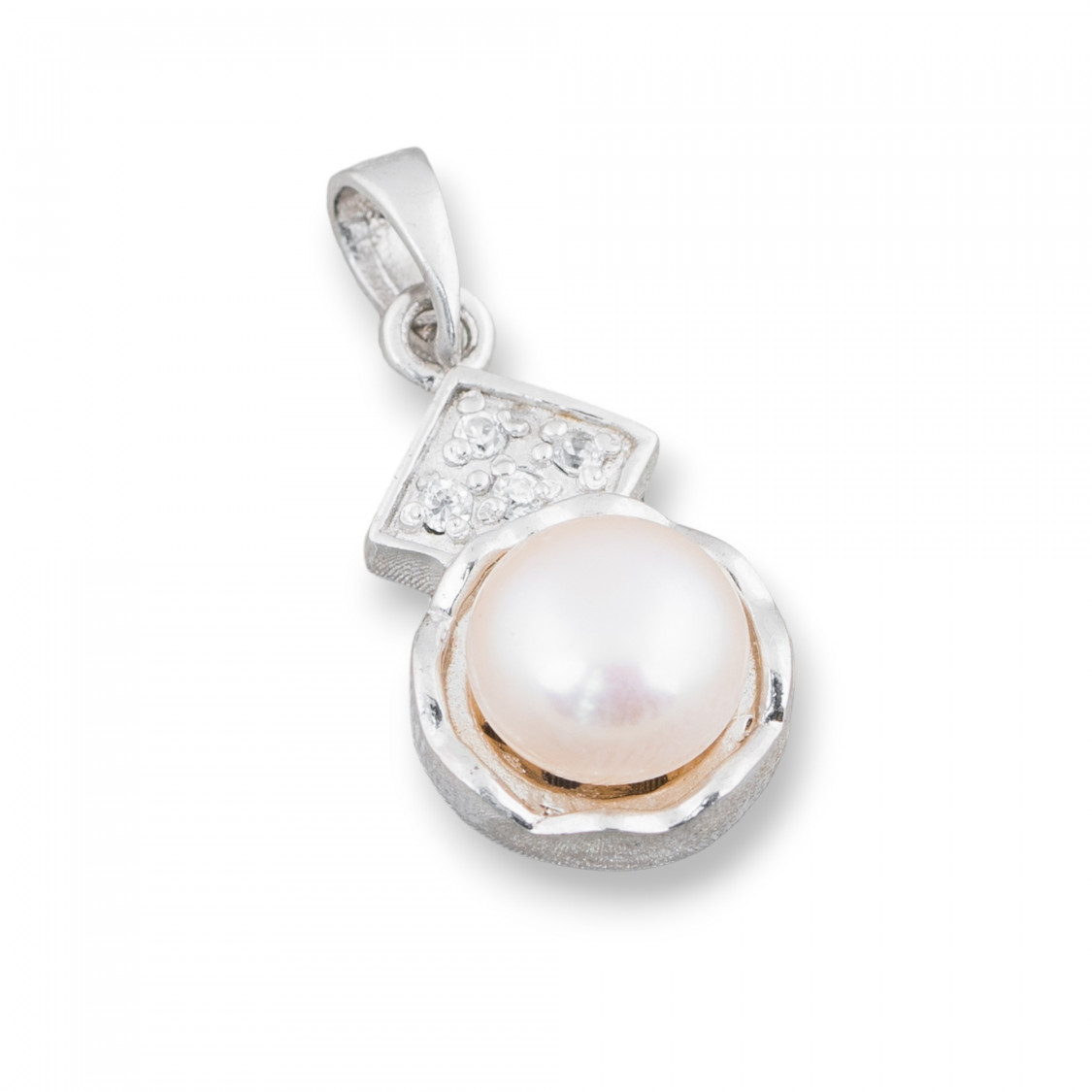 Ciondolo Pendente Di Argento 925 Con Perle Di Fiume E Zirconi Incastonati 11x23mm 1pz-ARGENTO 925 DESIGN ITALY | Worldofjewel.com