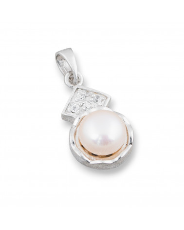 Ciondolo Pendente Di Argento 925 Con Perle Di Fiume E Zirconi Incastonati 11x23mm 1pz-ARGENTO 925 DESIGN ITALY | Worldofjewel.com