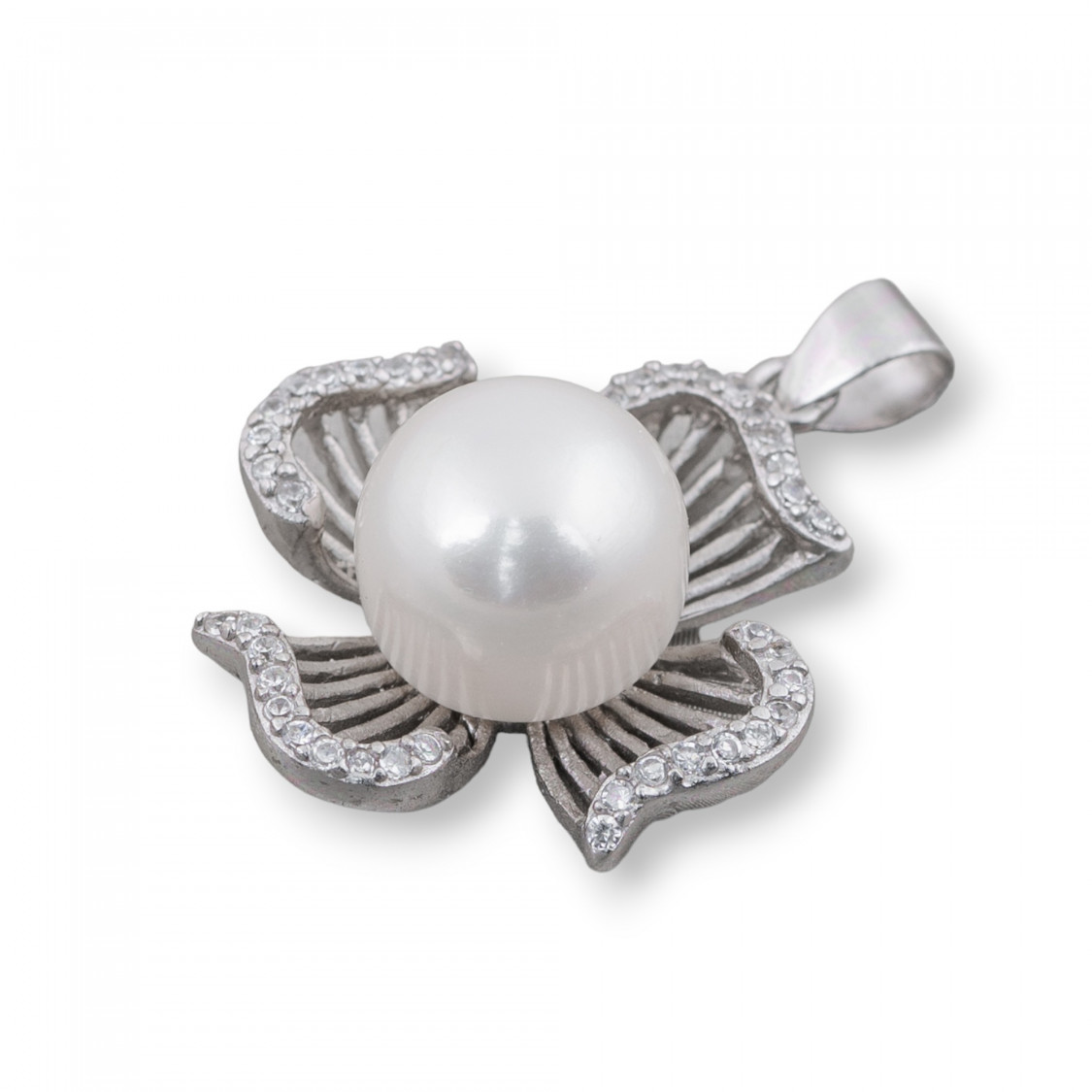 Ciondolo Pendente Di Argento 925 Con Zirconi E Perle Di Fiume Fiore Ondulato 22x30mm-ARGENTO 925 DESIGN ITALY | Worldofjewel.com