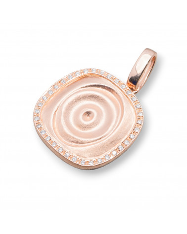 Ciondolo Pendente Di Argento 925 Quadrato Ad Onde Con Zirconi 18x27mm Oro Rosa-ARGENTO 925 DESIGN ITALY | Worldofjewel.com
