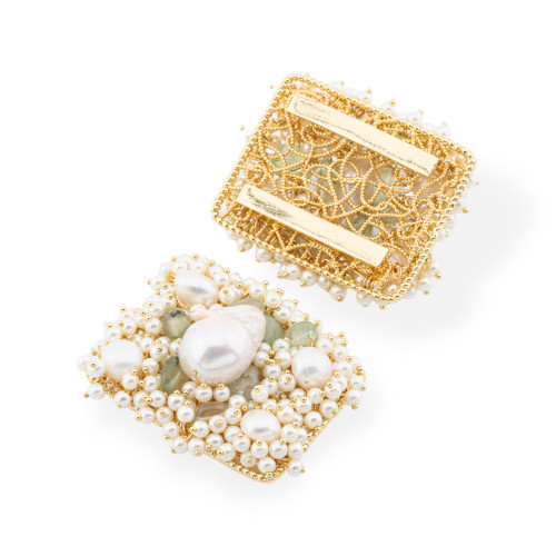 Κεντρικό Εξάρτημα με Χάντρες, Σκληρές Πέτρες και Μαργαριτάρια του Ποταμού Μπλεγμένα σε Φιλιγκράν 35x45mm 1pc Επιχρυσωμένο Προανι