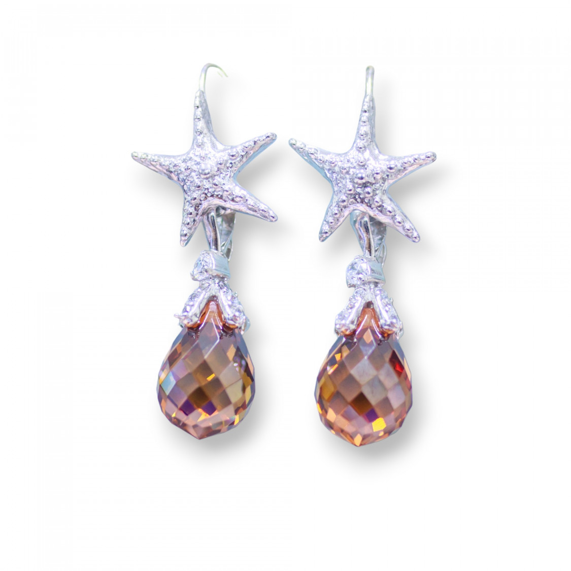 Orecchini A Monachella Di Argento 925 A Stella Marina E Gocce Briolette Sfaccettate Di Zirconi Champagne 16x40mm-ARGENTO 925 DESIGN ITALY | Worldofjewel.com