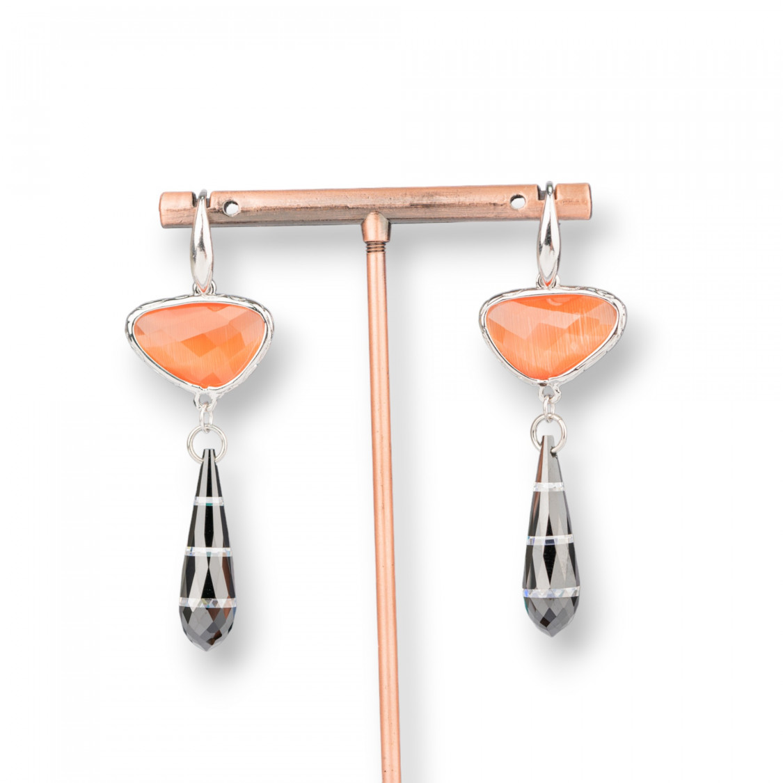 Orecchini A Monachella Di Argento 925 Con Componente Di Bronzo Con Occhi Di Gatto E Zirconi A Goccia 20x64mm Arancio-ORECCHINI 925 SILVER HANDMADE | Worldofjewel.com