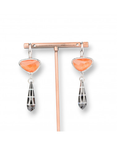 Orecchini A Monachella Di Argento 925 Con Componente Di Bronzo Con Occhi Di Gatto E Zirconi A Goccia 20x64mm Arancio-ORECCHINI 925 SILVER HANDMADE | Worldofjewel.com