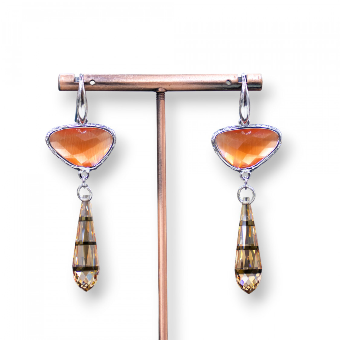 Orecchini A Monachella Di Argento 925 Con Componente Di Bronzo Con Occhi Di Gatto E Zirconi A Goccia 20x64mm Arancio-ORECCHINI 925 SILVER HANDMADE | Worldofjewel.com