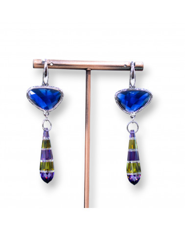Orecchini A Monachella Di Argento 925 Con Componente Di Bronzo Con Occhi Di Gatto E Zirconi A Goccia 20x64mm Blu-ORECCHINI 925 SILVER HANDMADE | Worldofjewel.com