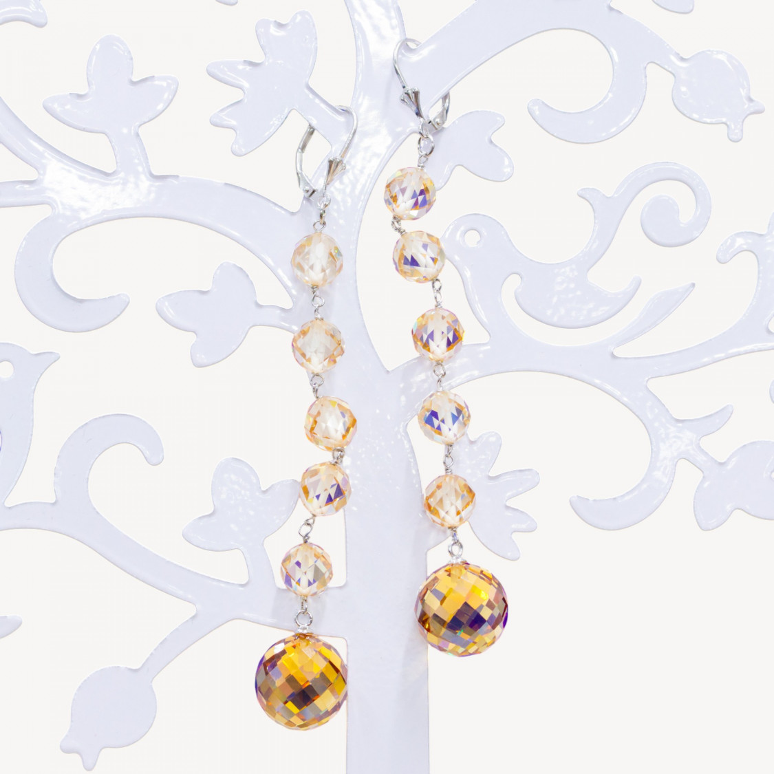 Orecchini A Monachella Di Argento 925 Con Sfere Sfaccettate Di Zirconi Naturali 14x92mm Champagne-ARGENTO 925 DESIGN ITALY | Worldofjewel.com