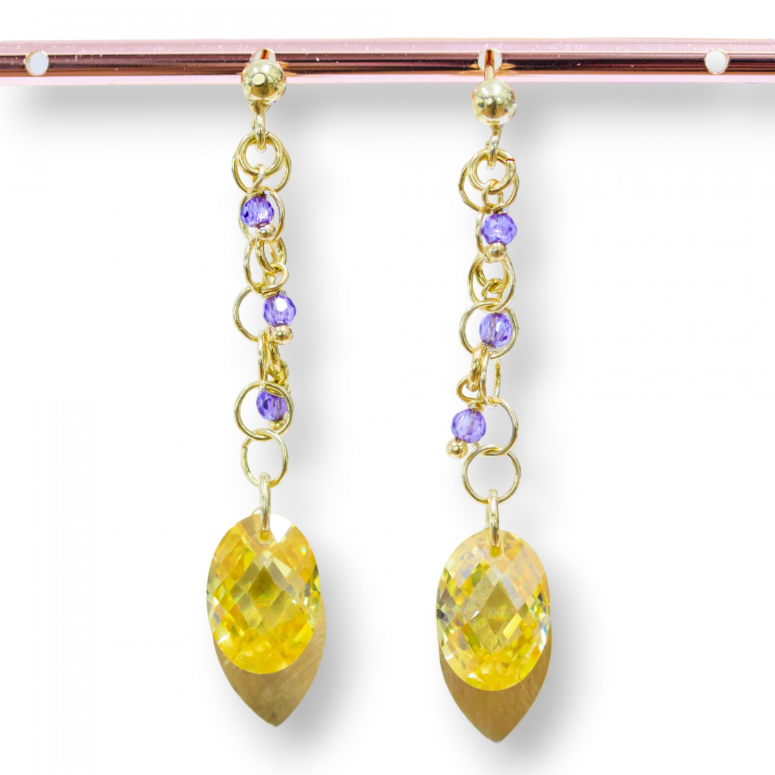 Orecchini A Perno Di Argento 925 Con Foglie Di Argento E Zirconi Ovali Sfaccettato 15x50mm-ARGENTO 925 DESIGN ITALY | Worldofjewel.com