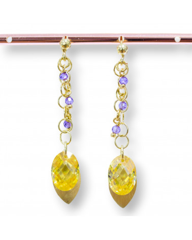 Orecchini A Perno Di Argento 925 Con Foglie Di Argento E Zirconi Ovali Sfaccettato 15x50mm-ARGENTO 925 DESIGN ITALY | Worldofjewel.com