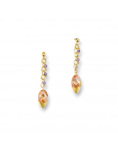 Orecchini A Perno Di Argento 925 Con Foglie Di Argento E Zirconi Ovali Sfaccettato 15x50mm Arancio Con Viola-ARGENTO 925 DESIGN ITALY | Worldofjewel.com