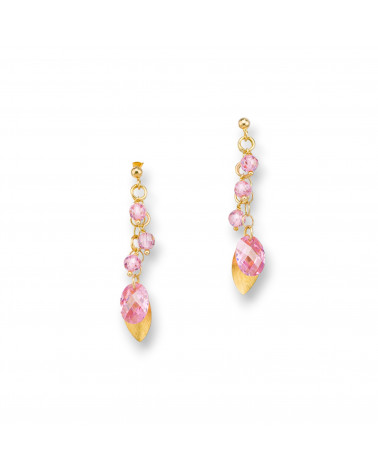 Orecchini A Perno Di Argento 925 Con Foglie Di Argento E Zirconi Ovali Sfaccettato 15x50mm Rosa-ARGENTO 925 DESIGN ITALY | Worldofjewel.com