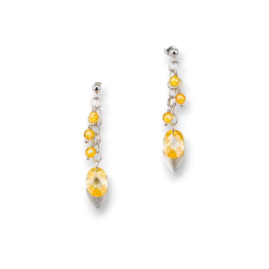 Orecchini A Perno Di Argento 925 Con Foglie Di Argento E Zirconi Ovali Sfaccettato 15x50mm Topazio Giallo-ARGENTO 925 DESIGN ITALY | Worldofjewel.com