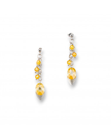 Orecchini A Perno Di Argento 925 Con Foglie Di Argento E Zirconi Ovali Sfaccettato 15x50mm Topazio Giallo-ARGENTO 925 DESIGN ITALY | Worldofjewel.com