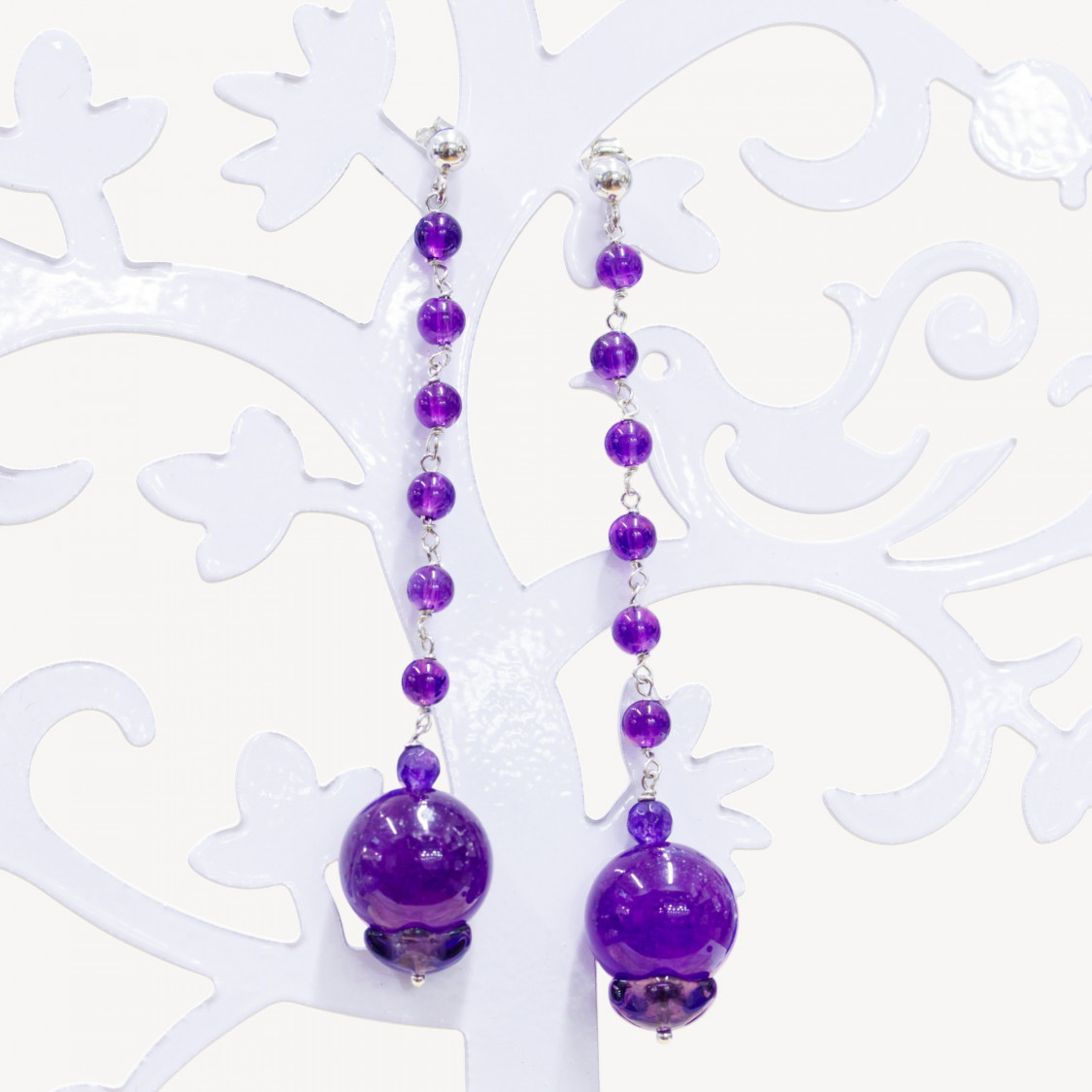 Orecchini A Perno Di Argento 925 Con Giade Viola E Catena Rosario 14x80mm-ARGENTO 925 DESIGN ITALY | Worldofjewel.com
