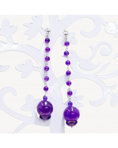 Orecchini A Perno Di Argento 925 Con Giade Viola E Catena Rosario 14x80mm-ARGENTO 925 DESIGN ITALY | Worldofjewel.com