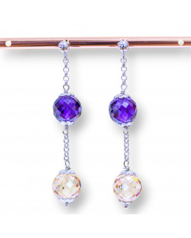 Orecchini A Perno Di Argento 925 Con Sfere Di Zirconi Sfaccettati E Catena Rolo 10x58mm-ARGENTO 925 DESIGN ITALY | Worldofjewel.com