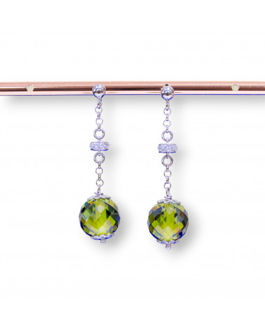 Orecchini A Perno Di Argento 925 Con Zirconi A Sfera Sfaccettata E Rondelle Zirconate Verde Peridot 12x45mm-ARGENTO 925 DESIGN ITALY | Worldofjewel.com