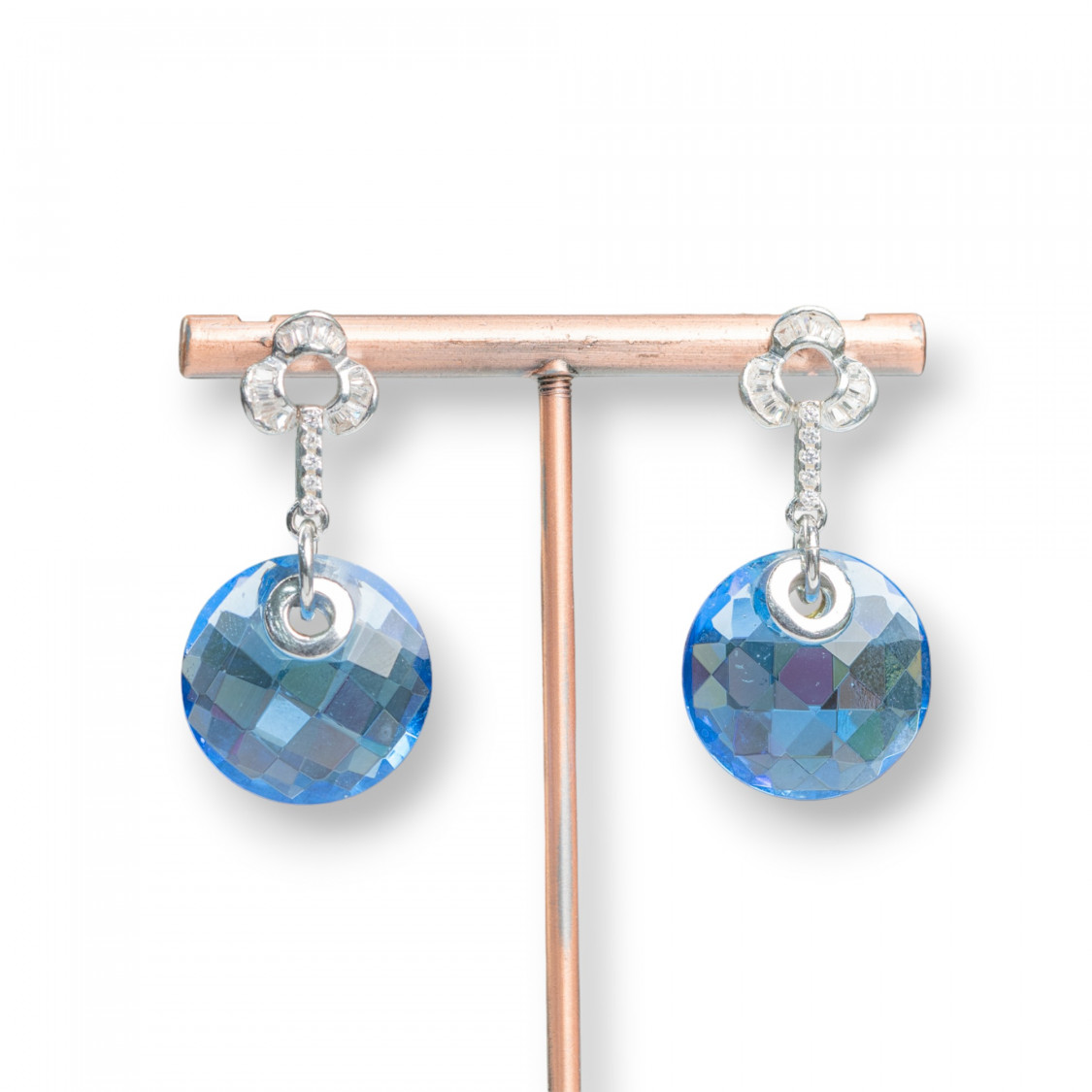 Orecchini A Perno Di Argento 925 Con Zirconi E Pendente Tondo Blu Indaco 20x40mm-ARGENTO 925 DESIGN ITALY | Worldofjewel.com