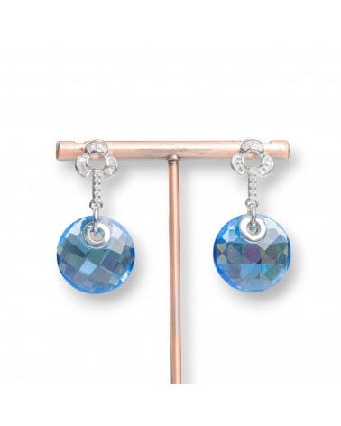 Orecchini A Perno Di Argento 925 Con Zirconi E Pendente Tondo Blu Indaco 20x40mm-ARGENTO 925 DESIGN ITALY | Worldofjewel.com