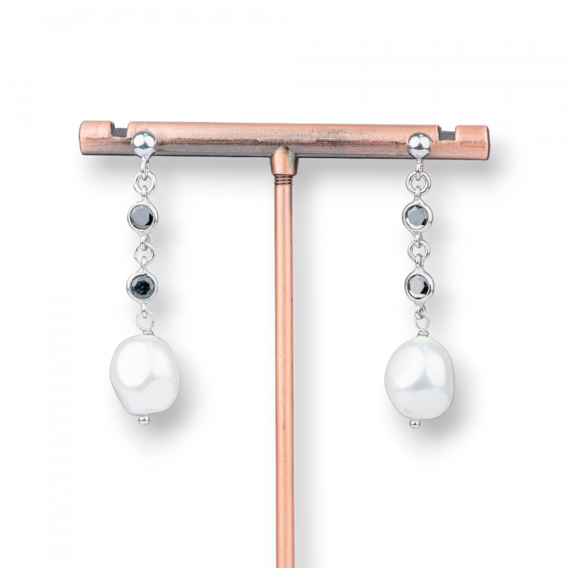 Orecchini A Perno Di Argento 925 Con Zirconi Neri E Perle Di Maiorca Irregolare 10x43mm-ARGENTO 925 DESIGN ITALY | Worldofjewel.com
