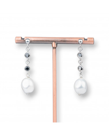 Orecchini A Perno Di Argento 925 Con Zirconi Neri E Perle Di Maiorca Irregolare 10x43mm-ARGENTO 925 DESIGN ITALY | Worldofjewel.com