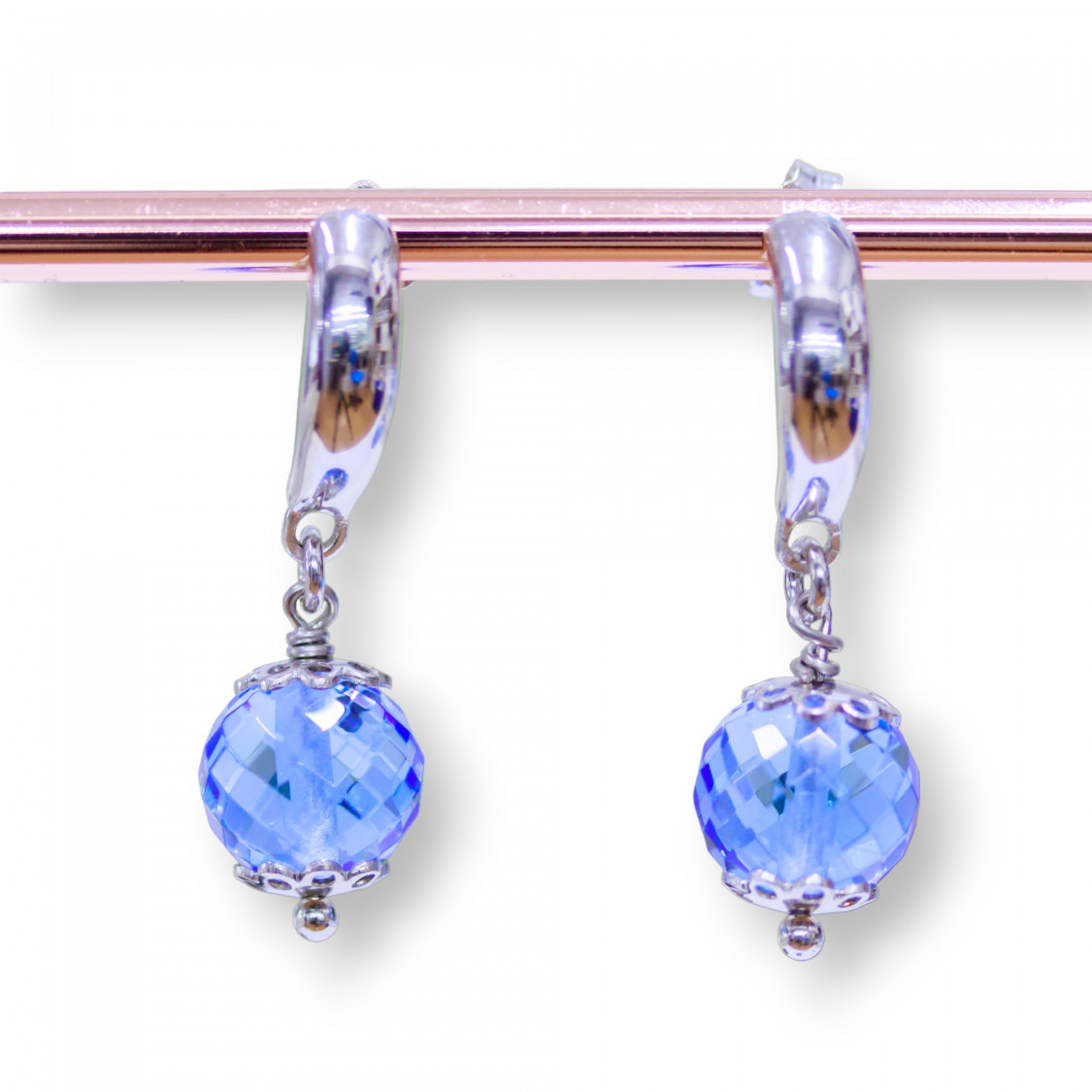 Orecchini A Perno Di Argento 925 Con Zirconi Sfera Indaco E Coppette Fiore Traforato 10x33mm-ARGENTO 925 DESIGN ITALY | Worldofjewel.com