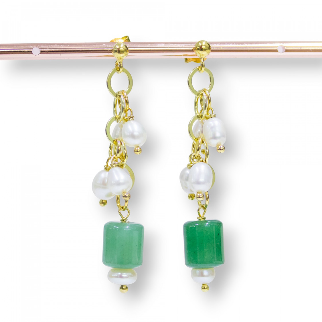 Orecchini Di Argento 925 A Perno Placcato Oro Con Catena Perle Di Fiume Riso E Avventurina Cilindro-ARGENTO 925 DESIGN ITALY | Worldofjewel.com
