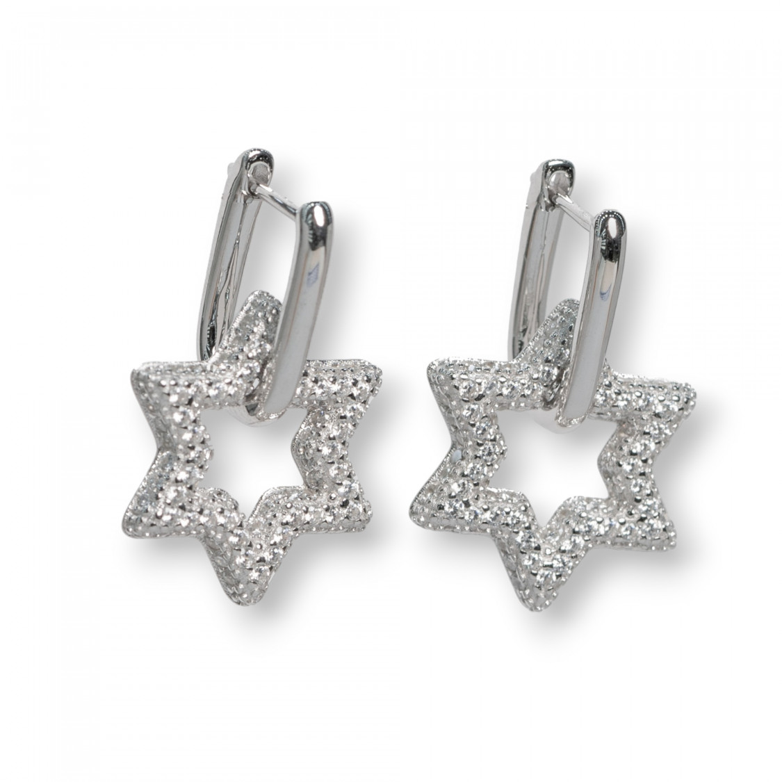 Boucles d'oreilles puces fermées en argent 925 avec étoile en zircone micropavée de 15,5 x 25 mm, 1 paire, plaquées rhodium blan-BOUCLES D'OREILLES LUX EN ARGENT 925 ET ZIRCONIA | Worldofjewel.com