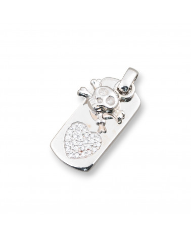 Pendenti Di Argento 925 Medaglietta Cuore Con Teschio Pirata Pendente E Zirconi 10x25mm-ARGENTO 925 DESIGN ITALY | Worldofjewel.com