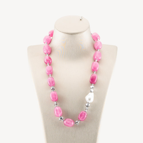 Collier de bijoux orné de pierres semi-précieuses et de perles de Majorque (50 cm + 5 cm), hématite argentée et jade rose.