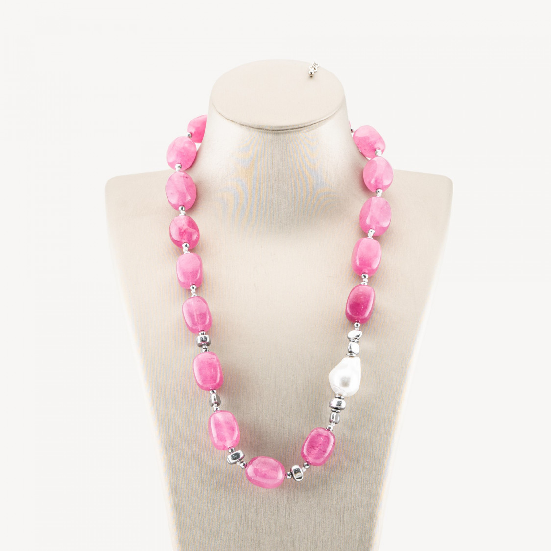 Collana Bijoux con Pietre Dure e Perle di Maiorca 50cm + 5cm con Ematite Argentata e Giada Rosa-COLLANE DESIGN CON PIETRE NATURALI E PERLE | Worldofjewel.com