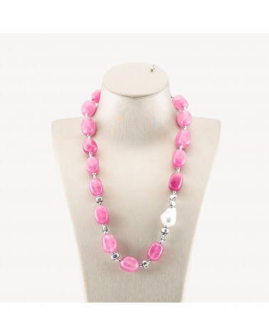 Collana Bijoux con Pietre Dure e Perle di Maiorca 50cm + 5cm con Ematite Argentata e Giada Rosa-COLLANE DESIGN CON PIETRE NATURALI E PERLE | Worldofjewel.com