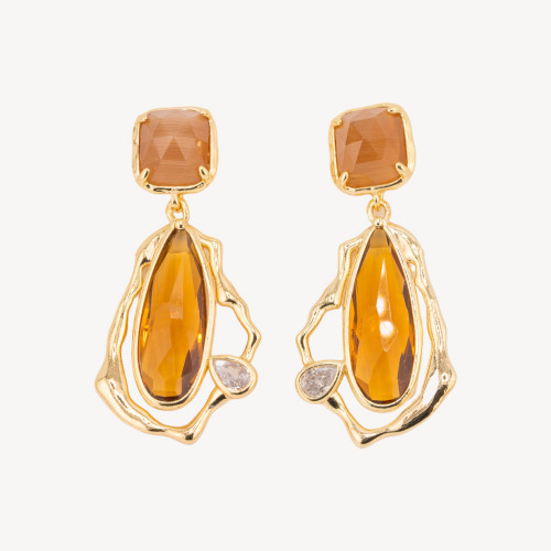 Bronze Stud Earrings with CZ Crystals and Cat's Eye Gold Plated Amber