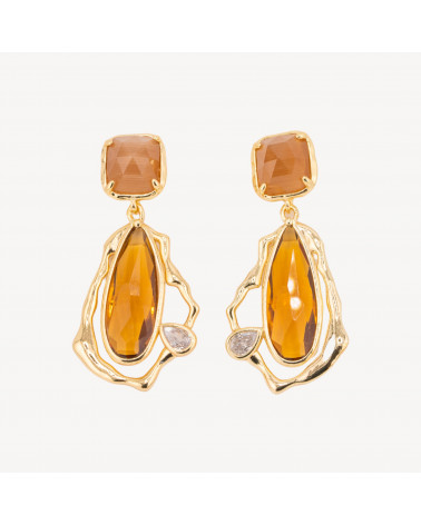 Orecchini Perno Di Bronzo Con Cristalli CZ e Occhio Di Gatto Galvanica Oro Ambra-ORECCHINI MADE WITH STYLE | Worldofjewel.com