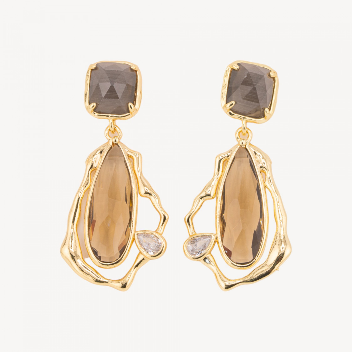 Orecchini Perno Di Bronzo Con Cristalli CZ e Occhio Di Gatto Galvanica Oro Beige e Marrone-ORECCHINI MADE WITH STYLE | Worldofjewel.com