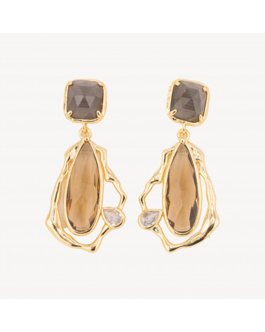 Orecchini Perno Di Bronzo Con Cristalli CZ e Occhio Di Gatto Galvanica Oro Beige e Marrone-ORECCHINI MADE WITH STYLE | Worldofjewel.com